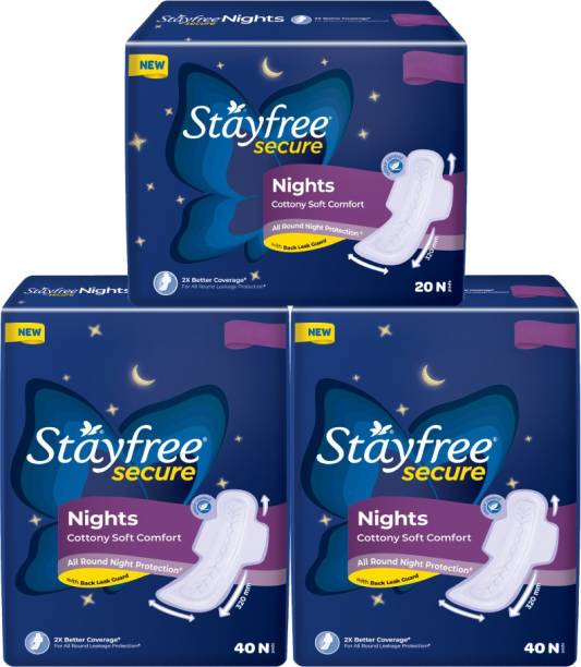 STAYFREE Secure Nights sanitary pads for women, cottony cover with 100% leakage protection, 2x coverage for worry free sleep, 100 pads Sanitary Pad