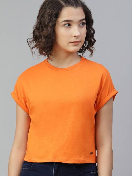 Roadster Solid Women Round Neck Orange T-Shirt