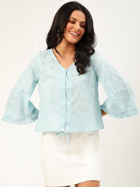 Dressberry Casual Full Sleeve Embroidered Women Blue Top