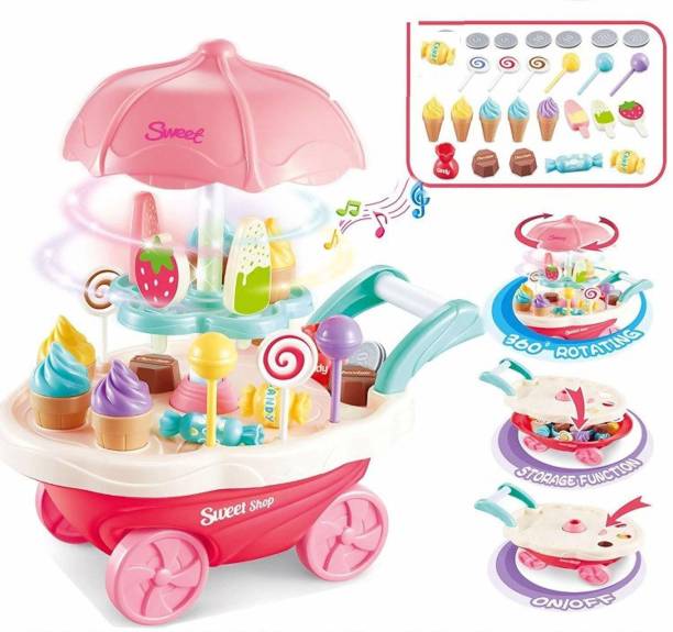 totoy Ice Cream Kitchen Trolly Play Cart Kitchen Set Toy with Lights and Sound