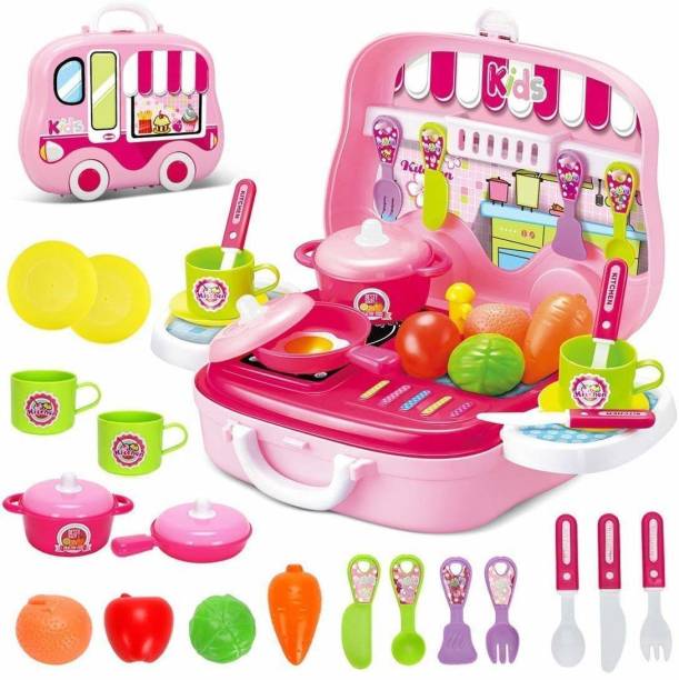 Jericos Kitchen Cooking Pretend Play Toy Play Set With Rolling Van For Girls & Boys