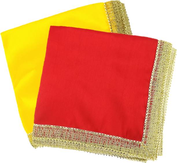 Bhakti Lehar ( Size: 1 Meter ) Yellow & Red Satin Silk Pooja Altar Cloth for God Mandir | Diwali Pooja Sartin Altar Cloth Mat for Puja Table, God Chowki Aasan, Temple, Mandir and Multipurpose Use Altar Cloth