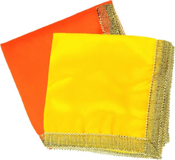 Bhakti Lehar ( Size: 1 Meter ) Orange & Yellow Satin Silk Pooja Altar Cloth for God Mandir | Diwali Pooja Sartin Altar Cloth Mat for Puja Table, God Chowki Aasan, Temple, Mandir and Multipurpose Use Altar Cloth