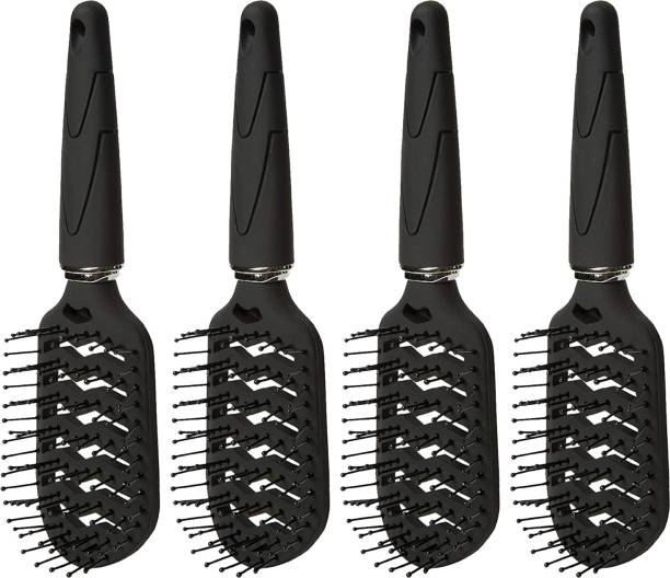 Accessorilia Set of 4 Hair Brush with Rubber Black Handle Vented Hairbrush for Men and Women | Hair Straightning Brush with 7 Row Vented Detangling Brush for Wet Short Curly Straight Hair