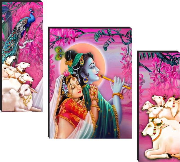 Masstone Radhe Krishna Playing Flute Religious 3 Piece MDF Painting Digital Reprint 12 inch x 18 inch Painting