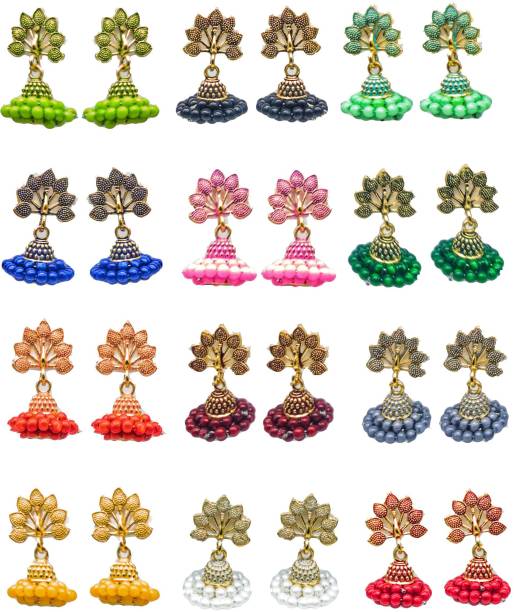 Khushi's Combo of 12 Beautiful Meenakari Gold Plated Jumkhi in different colors Pearl Alloy Jhumki Earring