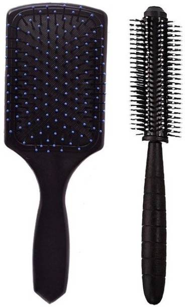 SANDIP Best Combo of Cushion Paddle Hair Brush and Round Hair Comb Brush with Soft Nylon Bristles for Women and Men
