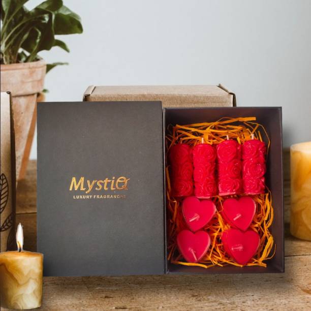 MYSTIQ Floating Rose Candles | Richly Scented Romantic Acrylic Heart Candle | Scented Pillar | Premium Gift Box | Tea Light Candles | Combo Gift Pack | Candle Set | Pillar Candles | Bulgarian Rose & Moroccan Rose Fragrance | Luxury Candles | Cute Little Pillar Candles For Elegant Look | Gift For Girls/Wife, Boyfriend/Husband | Anniversay Gift for Couple Special | Gift Item | 4 Acrylic Heart Candles | 4 Baby Pillars Candle