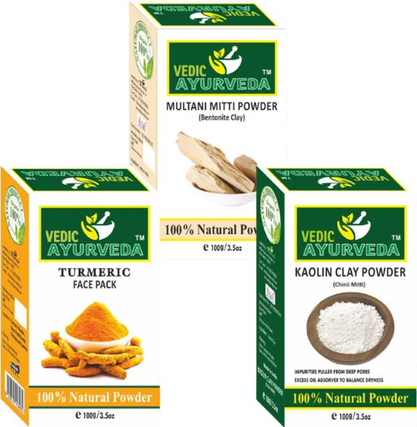 VEDICAYURVEDA 100% Natural Turmeric Face Pack Powder, Multani Mitti Powder & Kaolin Clay Powder - Pack of 3 (300 g)
