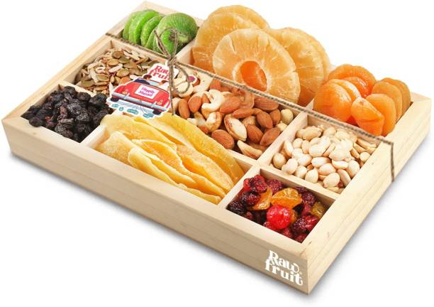 HyperFoods RawFruit Tropical 9 Dry Fruit Combo Wooden Gift Box | Premium Dried Fruit Berries Combo Gift Pack with Greeting Card | Wedding Shadi Marriage Newly Married Happily Gift Hampers for Him/Her