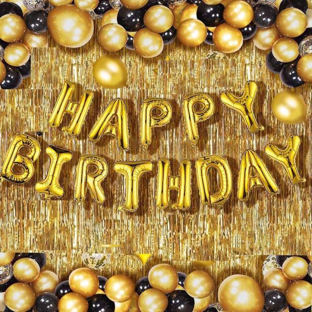 PartyballoonsHK Happy Birthday Golden Foil Letter Balloons(13 foil latter 1 pack)With 21 Pic Black Gold Balloons And 2 Pcs Golden Metallic Fringe Shiny Curtains