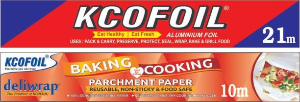 Kcofoil Kcofoil 21m Aluminium Silver Kitchen Foil Roll Paper and free 10m Baking and cooking parchment paper worth Rs.179 Aluminium Foil Parchment Paper