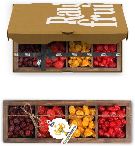 HyperFoods RawFruit Berry Mix 4 Dry Fruit Combo Dark Wood Gift Box | Premium Dried Fruit Berries Combo Gift Pack with Greeting Card | Congratulations Best Wishes Gift Hampers for Colleagues & Friends