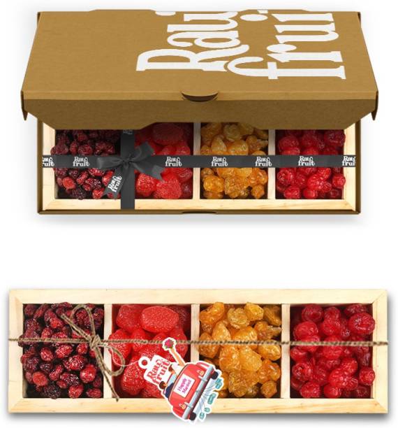 HyperFoods RawFruit Berry Mix 4 Dry Fruit Combo Wooden Gift Box | Premium Dried Fruit Berries Combo Gift Pack with Greeting Card | Wedding Shadi Marriage Newly Married Happily Gift Hampers for Him/Her