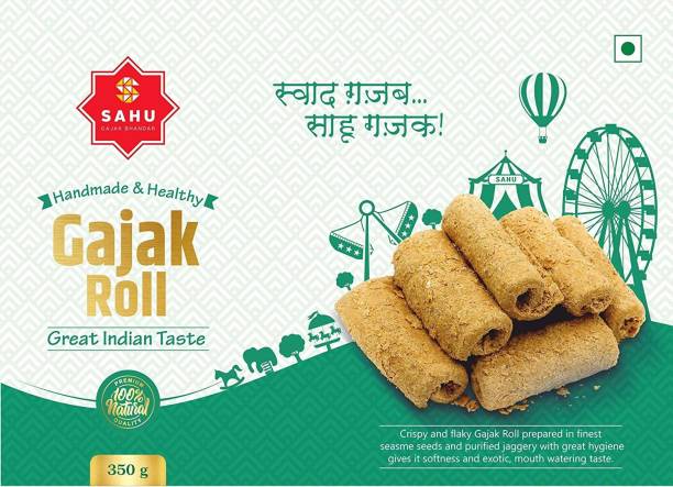 Sahu Gajak Bhandar Homemade Crispy Gajak Sweet Rolls 350 gm. Gajak rolls made of sesame seeds and Jaggery. Gajjak roll is loved by all age group in winters for nutrition & health benefit. Gazak roll serve as good snack. Healthy Indian traditional snacks chikki Box