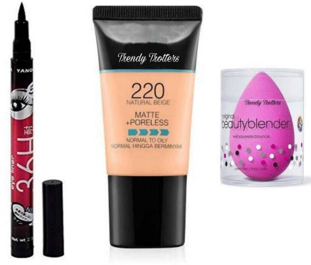 Trendy Trotters 36 H stay eyeliner & Matte Foundation & Face blendar puff ( 3 items )