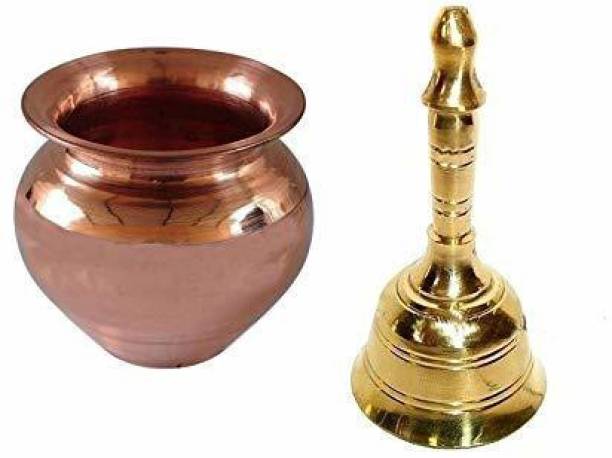 Rudram Combo of Round Head Pooja Puja Bell Ghanti with Copper (2 No) Kalash Lota Brass Kalash