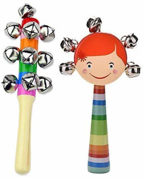 SZHC Colorful Wooden Rainbow Baby Handle Jingle Bell Rattle Toys Pack of 2 (1 10 Bells Rattle & 1 Round Face Rattle)