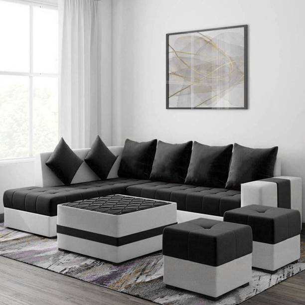 Torque Steffan L Shape 8 Seater Sofa Set with Centre Table and 2 Puffy(LHS, Black) Fabric 3 + 2 + 1 + 1 Sofa Set