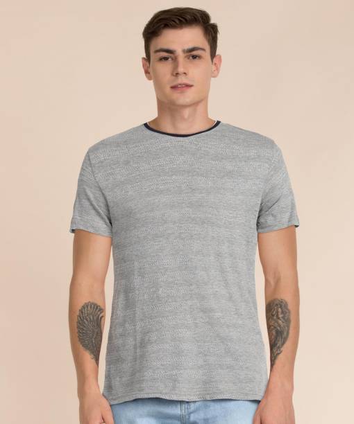 Celio Self Design Men Round Neck Grey T-Shirt