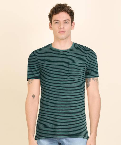Celio Striped Men Round Neck Green T-Shirt