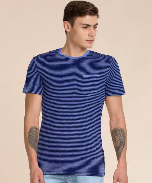 Celio Striped Men Round Neck Blue T-Shirt