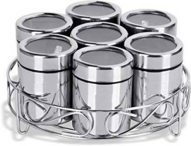 STEEPLE 7pcs Stainless Steel Masala Box, Dry Fruits Jars with 7pcs Steel Spoons ( Round Shape) 7 Piece Spice Set