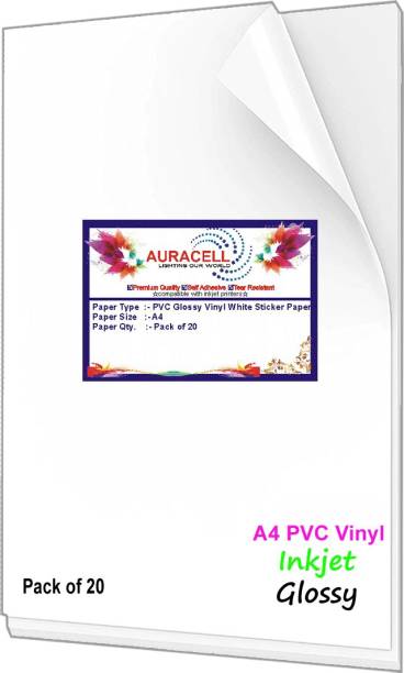 AURACELL 20 Pcs PVC Glossy Vinyl White Self Adhesive Sticker Paper for Inkjet Printer Unruled A4 121 gsm Printer Paper