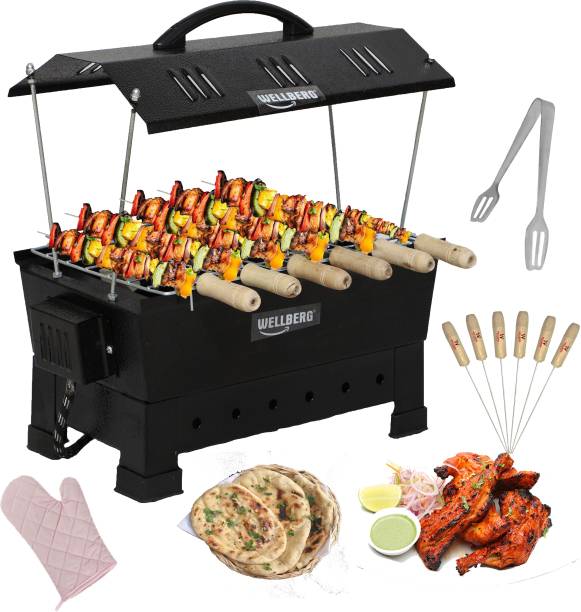 WELLBERG Style Electric Charcoal Barbeque Grill & Tandoor with 6 Wooden Handle Skewers Stainless Steel Tong Electric Grill Electric Tandoor Electric Tandoor