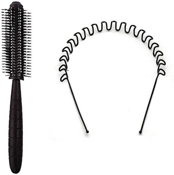 SANDIP Round Hair Brush Straightener For Women/Men Professional Hair Styling(1) + Unisex Black Color Zigzag Wavy Hair Band For Women And Girls Strong Metal(1)-pack of 2