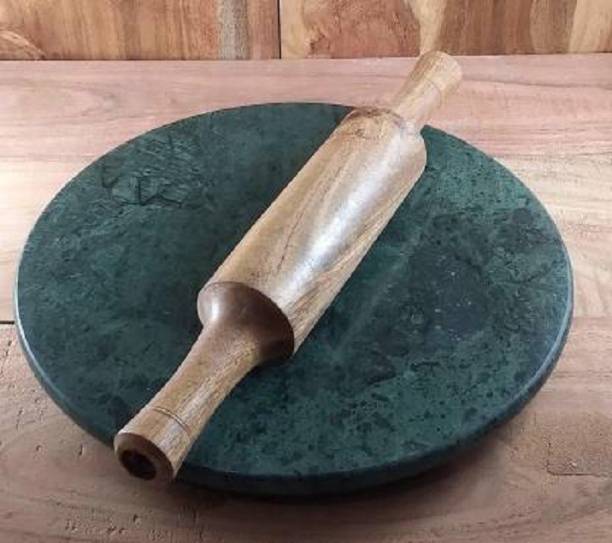 ALEF KITCHEN Green Marble Roti Maker with Wooden Belan/White Marble Chakla Diameter with Belan Rolling Pin Rolling Pin & Board (Pack of 2) Rolling Pin & Board
