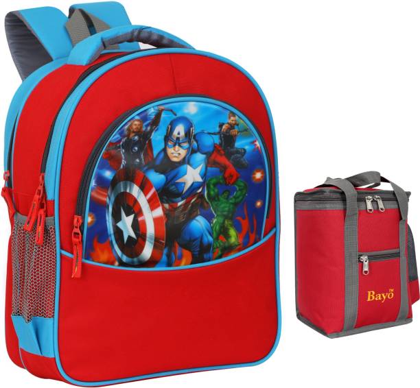 bayo Avengers Red 30 Liter 16 ×12 inch Pre-School 31cm For Nursery (LKG/UKG/1st std) Boys School Bag With 1 Lunch Bag Waterproof School Bag Waterproof School Bag