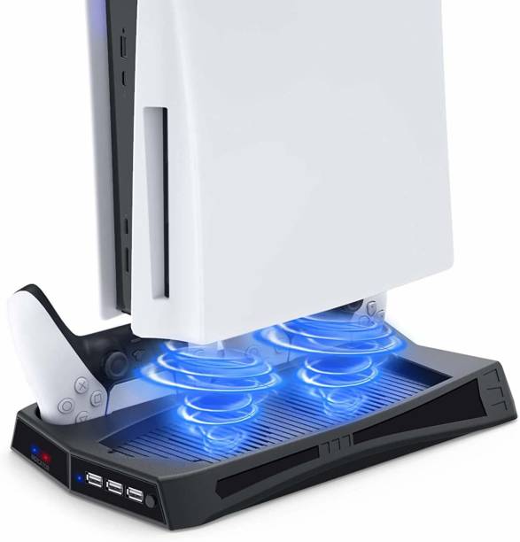 microware Vertical Stand with Cooling Fan for PS5 Console and Playstation 5 Digital Edition, Dual Controller Charging Station with 3 USB Hub for DualSense 5 Cooling Pad