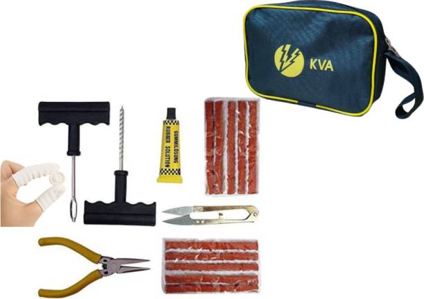KVA KV-138 Complete Tubeless Tyre Puncture Repair Kit With Pouch (Nose Pliers + Cutter + Rubber Cement + Extra Strips+ Pouch+ Finger Coverings) Tubeless Tyre Puncture Repair Kit