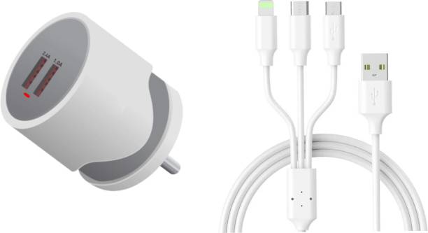 Chias Power Hub Wall Charger 12W with 3.4 AMP/5V Dual USB Port & Fast Charging Data Cable.3 in 1 Fast Charging 2A Cable for Type-C, Micro & iOS Smartphones, Smart Charge 3 Port Data Charging Cable, Power line (Compatible with mobile, laptop, audio player, tablet, computer, One Cable) 3.4 A Multiport Mobile Charger with Detachable Cable