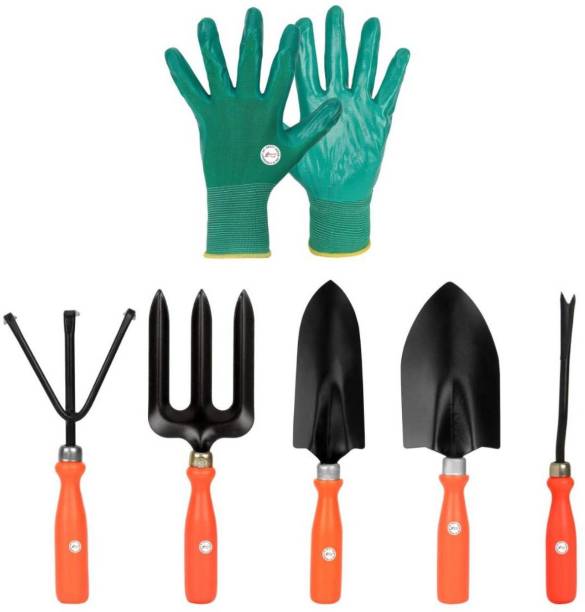 Kraft Seeds Gate Garden 5 Best Gardening Hand Tools Set with One Pair Hand Gloves for Your Garden, Orange Handle and Black Metal (Gate-001) Garden Tool Kit