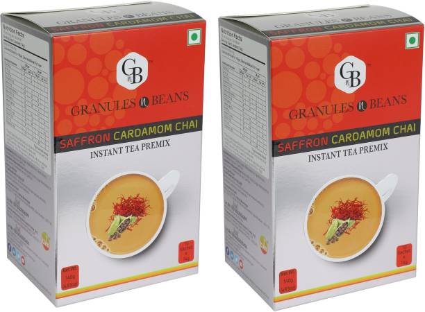 Granules and Beans Saffron Cardamom Tea Instant Premix (Pack of 2) | Kesar Elaichi Chai Premix for Immunity & Freshness | 20 Sachtes of 14gms Each instant Chai Saffron, Cardamom Instant Tea Box