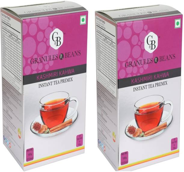 Granules and Beans Kashmiri Kahwa Instant Premix (Pack of 2) | Saffron & Cardamom Kahwa Instant Premix | 20 Sachets of 10gms Each Kashmiri Chai for Immunity & Freshness Saffron Instant Tea Box