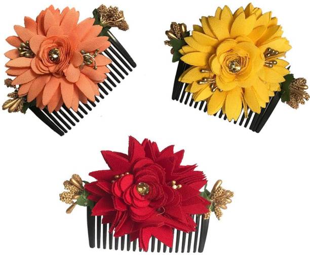 GuruEmbellish Bridal Fancy Hair Accessories Floral Clip Side Comb Juda Pin for Women and Girls Pack-03,Multicolor Bun Clip