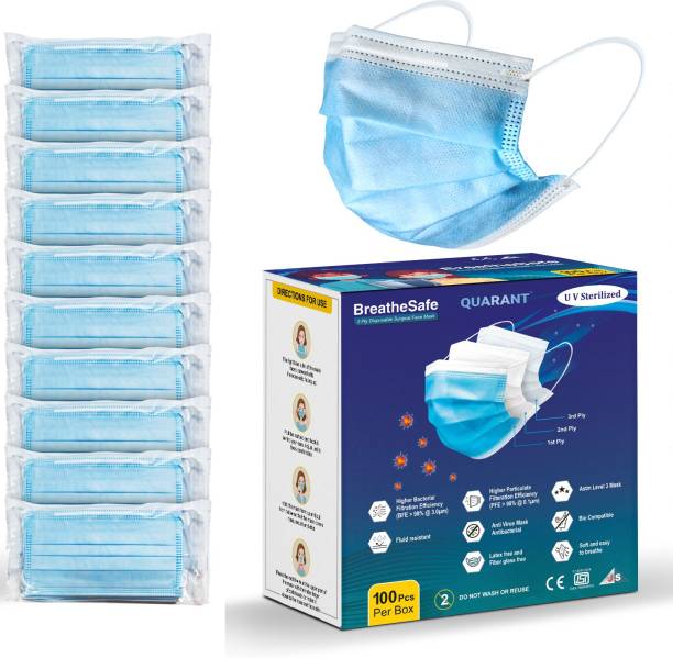 QUARANT 3 Ply Disposable Surgical Face Mask with Nose Pin, UV Sterilized, BFE & PFE >98%, ISI, BIS, CE & ISO Certified, ASTM Level 3, Premium 3 Layer Fabric Mask for Men & Women with Adjustable Nose Clip, Anti-Virus, Anti-Bacteria, Anti-Pollution Masks, BreatheSafe Q3S Water Resistant Surgical Mask With Melt Blown Fabric Layer