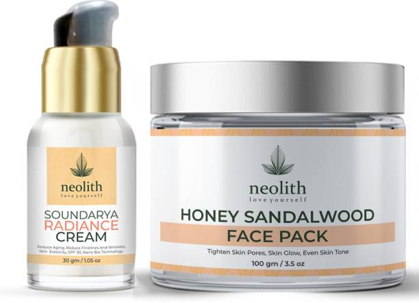 NEOLITH Anti Ageing Skin Tightening Kit [Honey Sandalwood Face Pack || Skin Brightening Clay Face Mask For Healthy and Glowing Skin, Tan Removal, Oil Control, Black head removal, Acne & Fairness || 100% Organic || For Women & Men || 100gm ,Saundarya Radiance Anti aging & Face brightening cream || SPF 30 || Day & Night Cream || Skin Tightening, Firming, Hydrating, Toning, Rejuvenating Cream || Wrinkle Control || Nano Bio Technology || Power Cream for Men and Women ||30gm] (Set of 2)