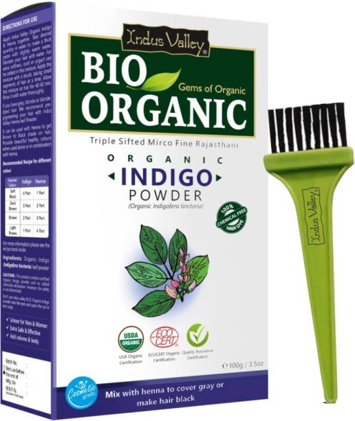 Indus Valley BIO Organic INDIGO HENNA (Indigofera Tinctoria) with Color Recipe Book + Applicator Brush Kit