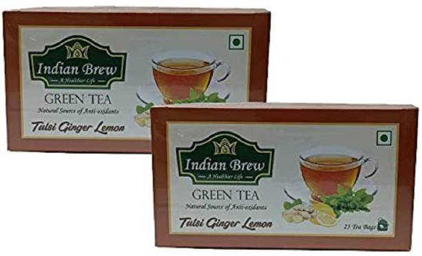 Indian Brew Green Tea Lemon Honey And Tulsi Ginger Lemon flavored Loose Leaf Enriched With Anti-Oxidants | Stress Relieving |Detoxifying | Enhanced Metabolism Ginger, Lemon, Tulsi Green Tea Bags Box