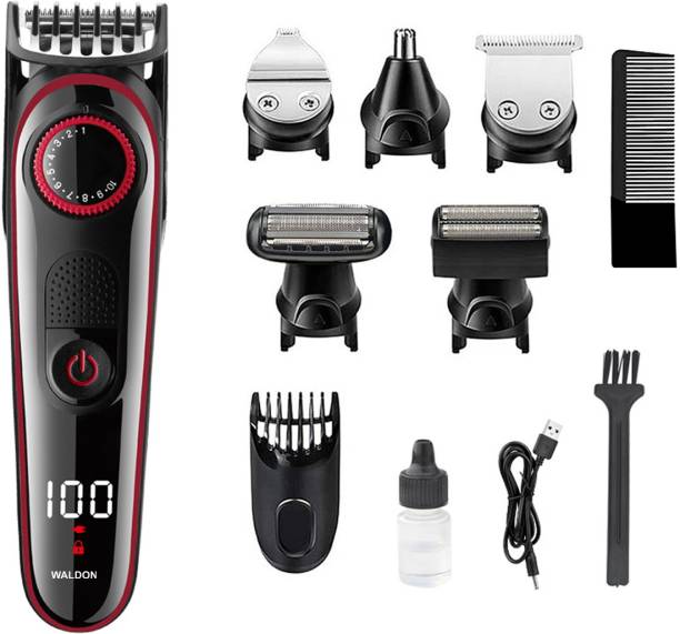 WALDON 5 in 1 Multi-Functional Grooming Kit for Body Grooming, Beard & Moustache, Nose, Ear & Eyebrow, LED Display, 19 Length Setting, 90 Minutes Runtime and Fast Charging (Black) Grooming Kit 90 min  Runtime 19 Length Settings