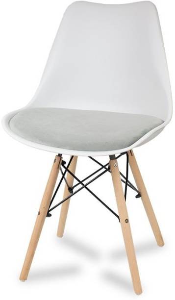 Finch Fox Eames Replica Nordan DSW Stylish Modern Plastic Dining Chair on Beech Wooden Legs with White Shell & Light Grey Velvet Fabric Cushion Color Plastic Dining Chair