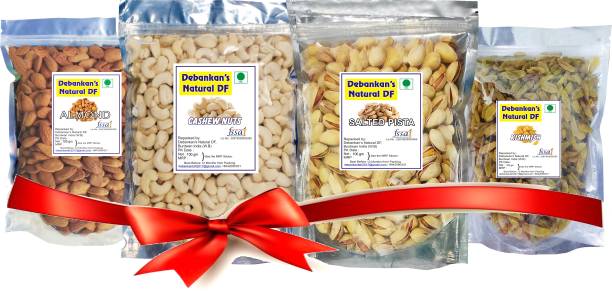 Debankan's Natural DF Dry Fruits Festive Gift Pack (100*4) for Diwali, Almonds, Cashew, Salted Pistachios, Raisins Almonds, Cashews, Raisins, Pistachios