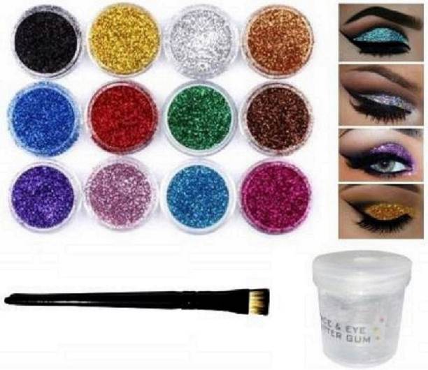 ShopCircuit Multi Colors Thick Shimmer Glitters - Pack Of 12 Pcs with Eye Glue/Gum & Eyeshadow Brush