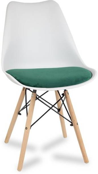 Finch Fox Eames Replica Nordan DSW Stylish Modern Plastic Dining Chair on Beech Wooden Legs with White Shell & Green Velvet Fabric Cushion Color Plastic Dining Chair