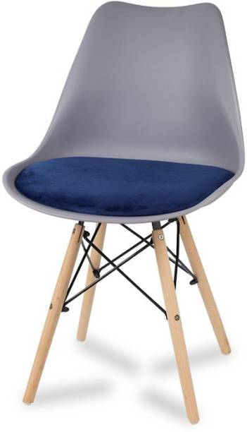 Finch Fox Eames Replica Nordan DSW Stylish Modern Plastic Dining Chair on Beech Wooden Legs with Grey Shell & Blue Velvet Fabric Cushion Color Plastic Dining Chair