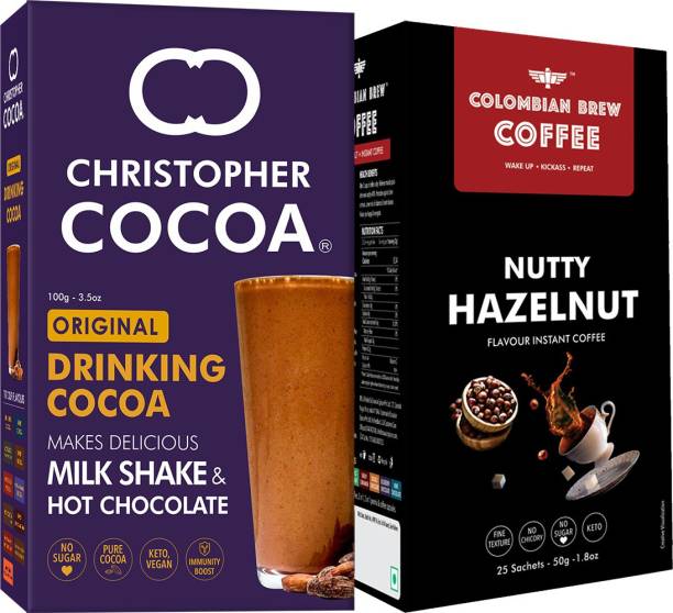 Colombian Brew Hazelnut Instant Coffee Powder, No Sugar Vegan, 50gm, Christopher Cocoa, Drinking Chocolate Cocoa Powder, Dark No Sugar, 100g Combo